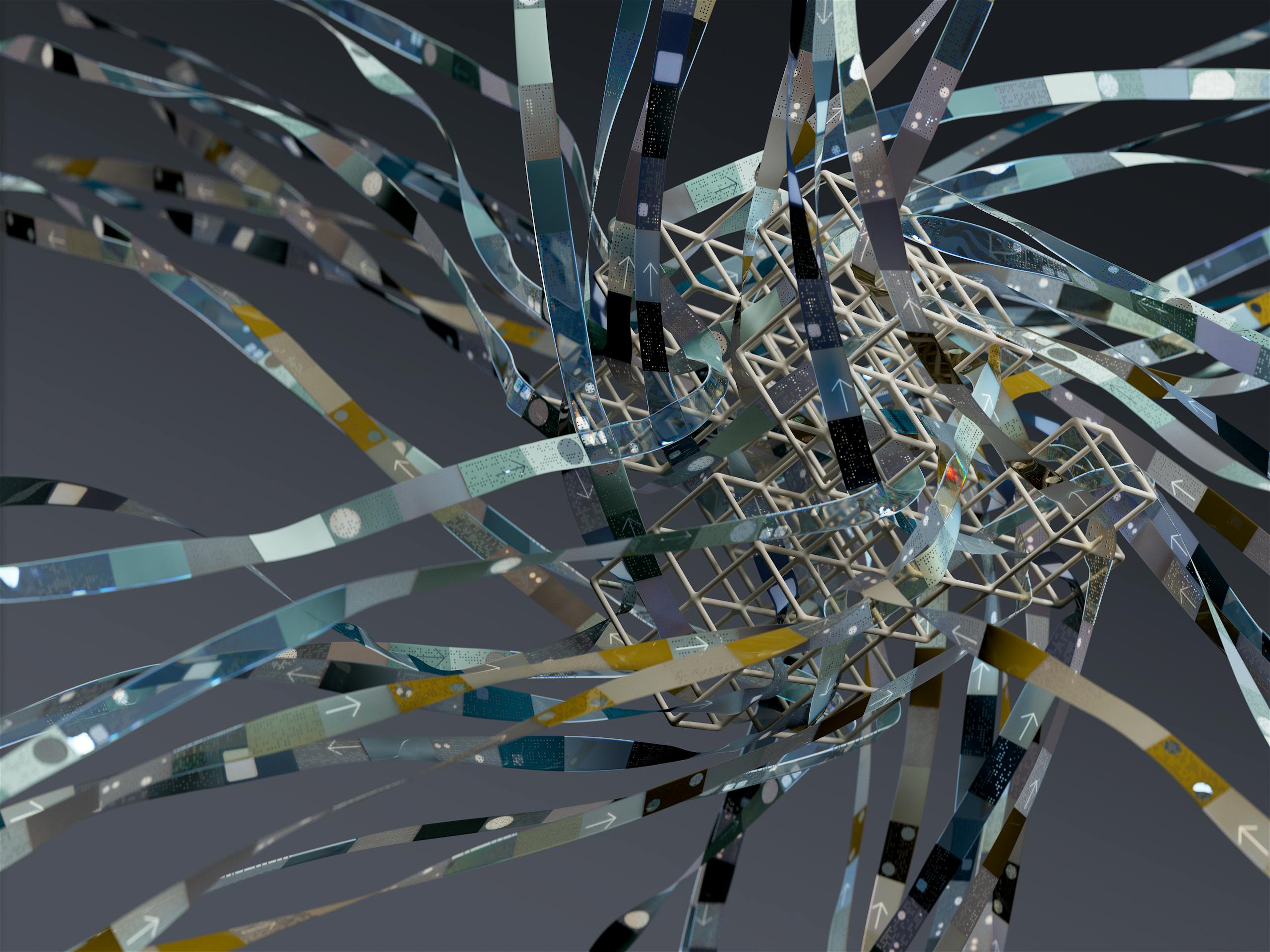 Intricate wireframe with dynamic ribbons in an abstract 3D composition.