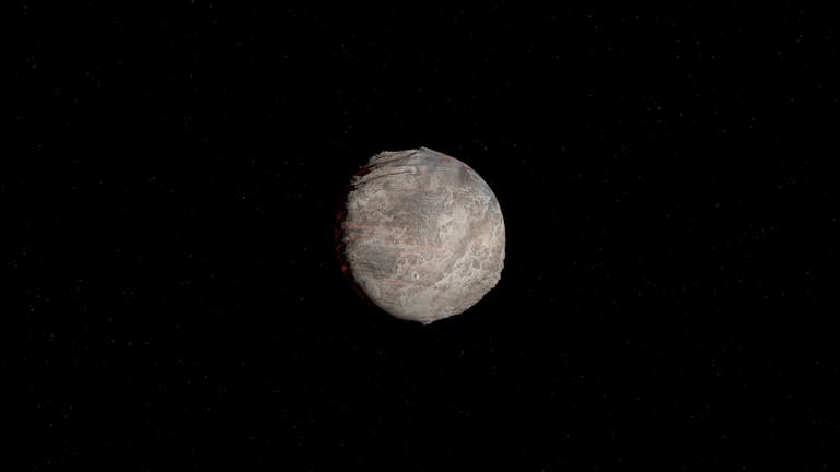 3D render of a rocky planet in deep space, with detailed surface texture.