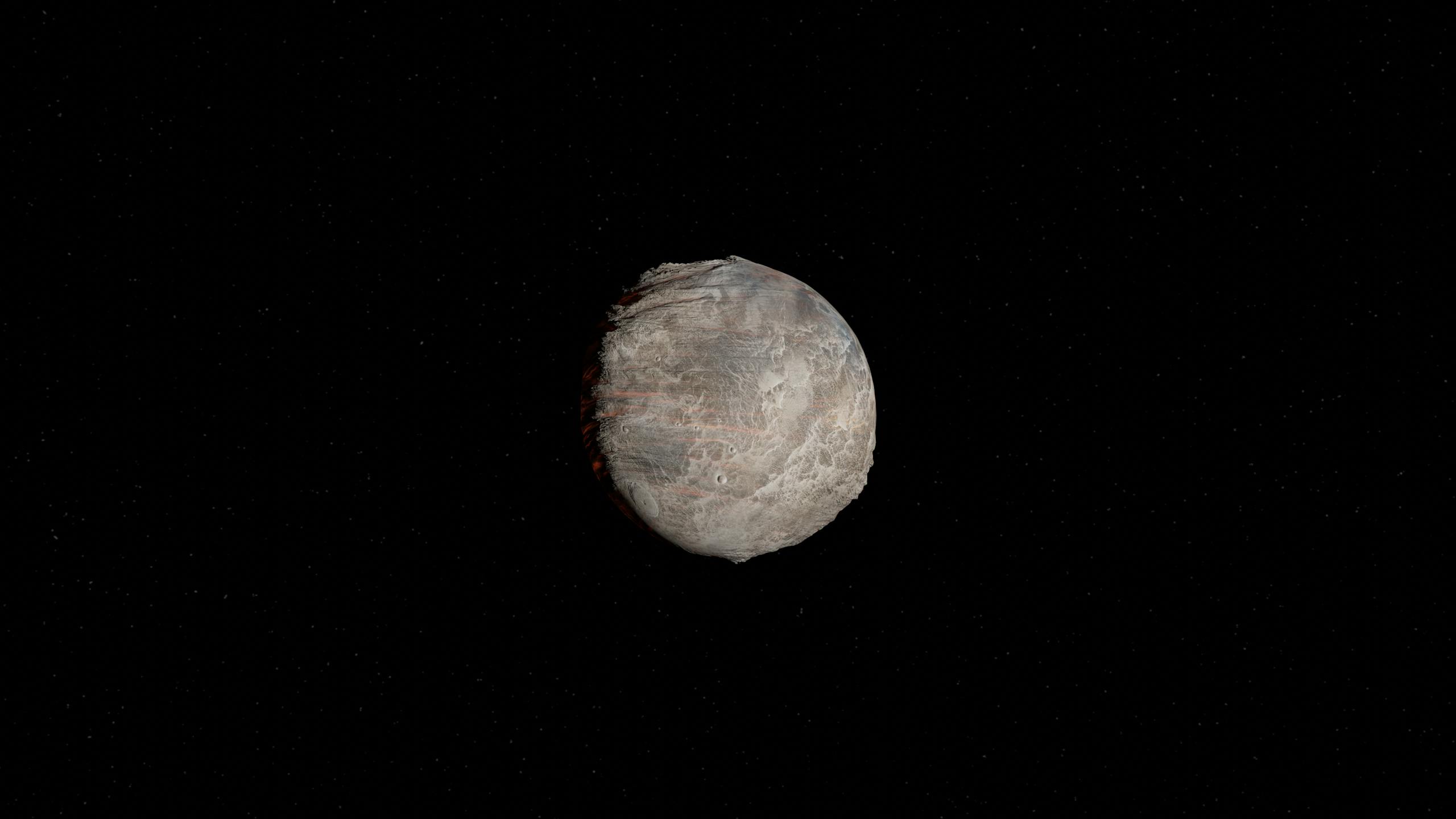 3D render of a rocky planet in deep space, with detailed surface texture.